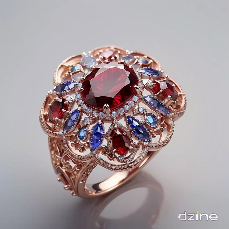 Close-up of a red gemstone ring，Surrounded by blue and white gemstones, Gorgeous colored gemstones and crystals, Gorgeous colored gemstones, Filigree Jewelry, detailed jewellery, Gorgeous gemstone, Jewelry Photography, author：Dennis Eden (Dennis Eden), Gorgeous jewelry, Gorgeous and elegant, Refined and elegant, Gorgeous jewelry, Intricate jewelry, Mastering the intricacies of filigree, ornate intricate, Intricate jewelry, Garnet