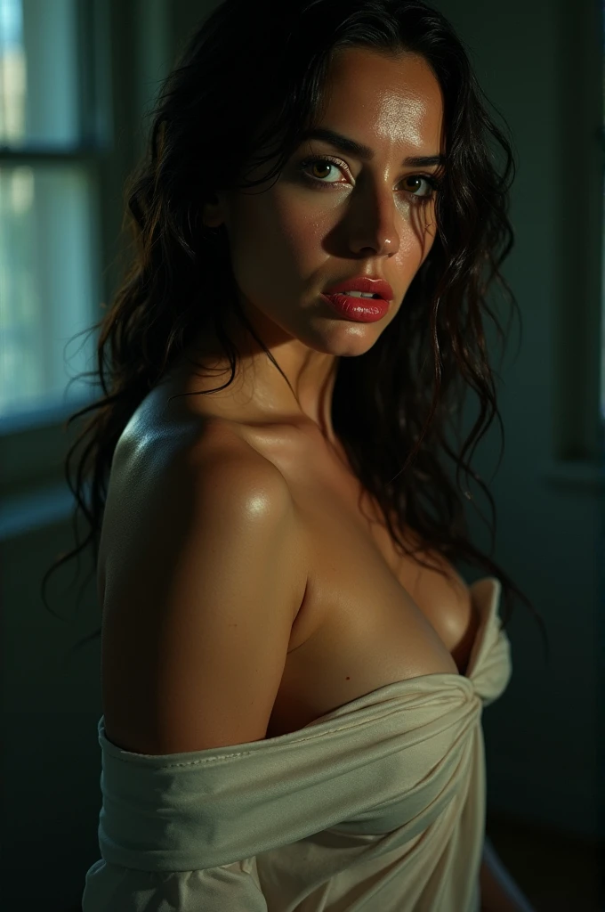 a hot lady, bare shoulder, sweaty skin droplets, shoulder off, red lips, wet hair, medium shot, rainy short dark cinematic, big cleavage visible, one shirt strips goes down