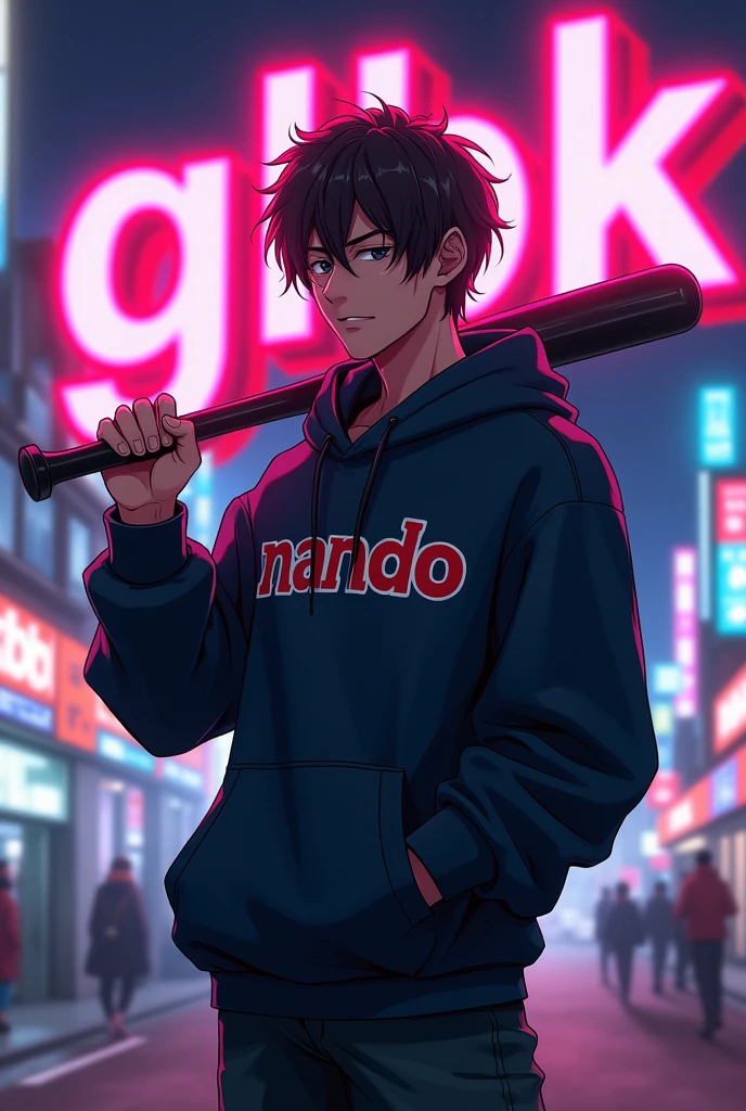 Create a character anime, {{background: large text “GLBK”, night city}}, tanned skin,
realistic, HDR, handsome, japan style, full body, use stick baseball, age 20, hoodie HD text: “NANDO”