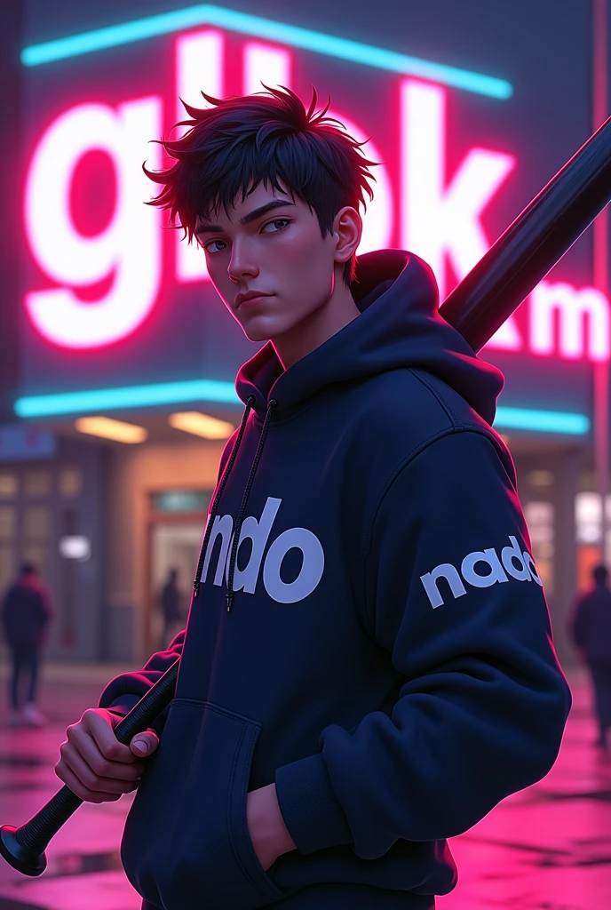 Create a character anime, {{background: large text “GLBK”, night city}}, tanned skin,
realistic, HDR, handsome, japan style, full body, use stick baseball, age 20, hoodie HD text: “NANDO”