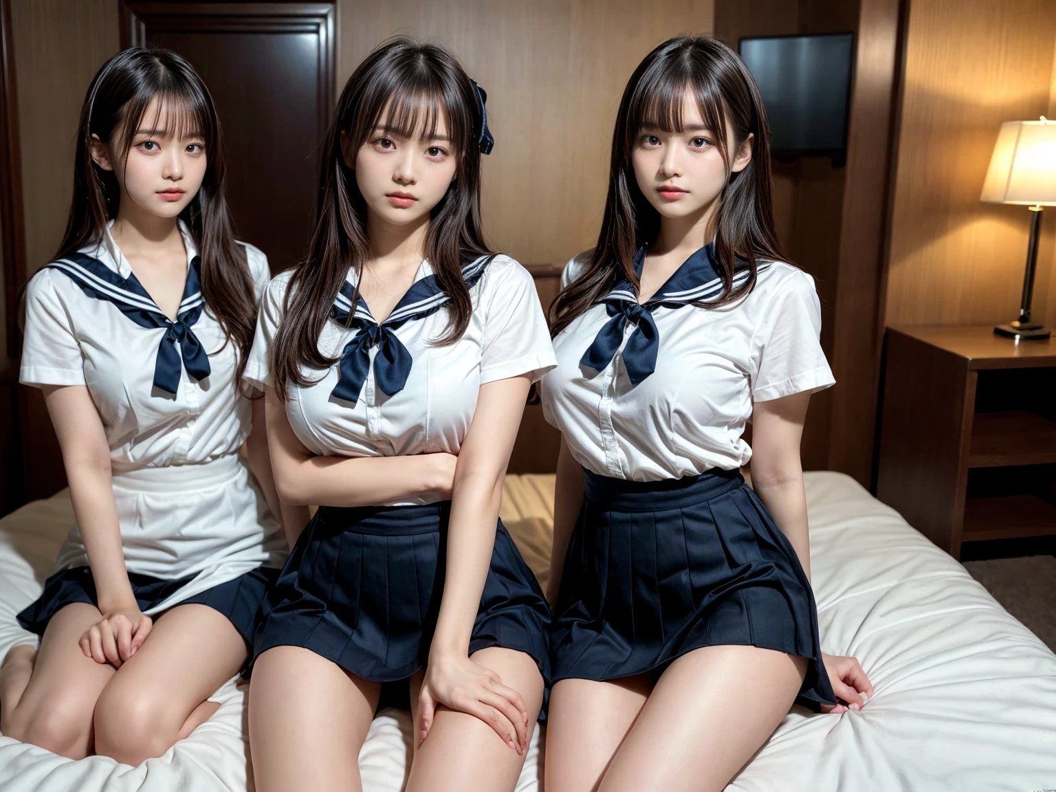 masterpiece, best quality, illustration, Super detailed, fine details, High resolution, 8K,wall paper, perfect dynamic composition,(Details High quality, realistic depiction of eyes:1.3), (3 girls), Black Sailor Uniform, serafuku, Navy pleated skirt, sitting, open legs, short bob hair, in a hotel room in the background, deep on field, large breasts, black hair color, Big Natural Color Lip, (perfect body shape), crying a little、Harajuku style、20 year old girl、cute type、beautiful legs, Gravure Idol