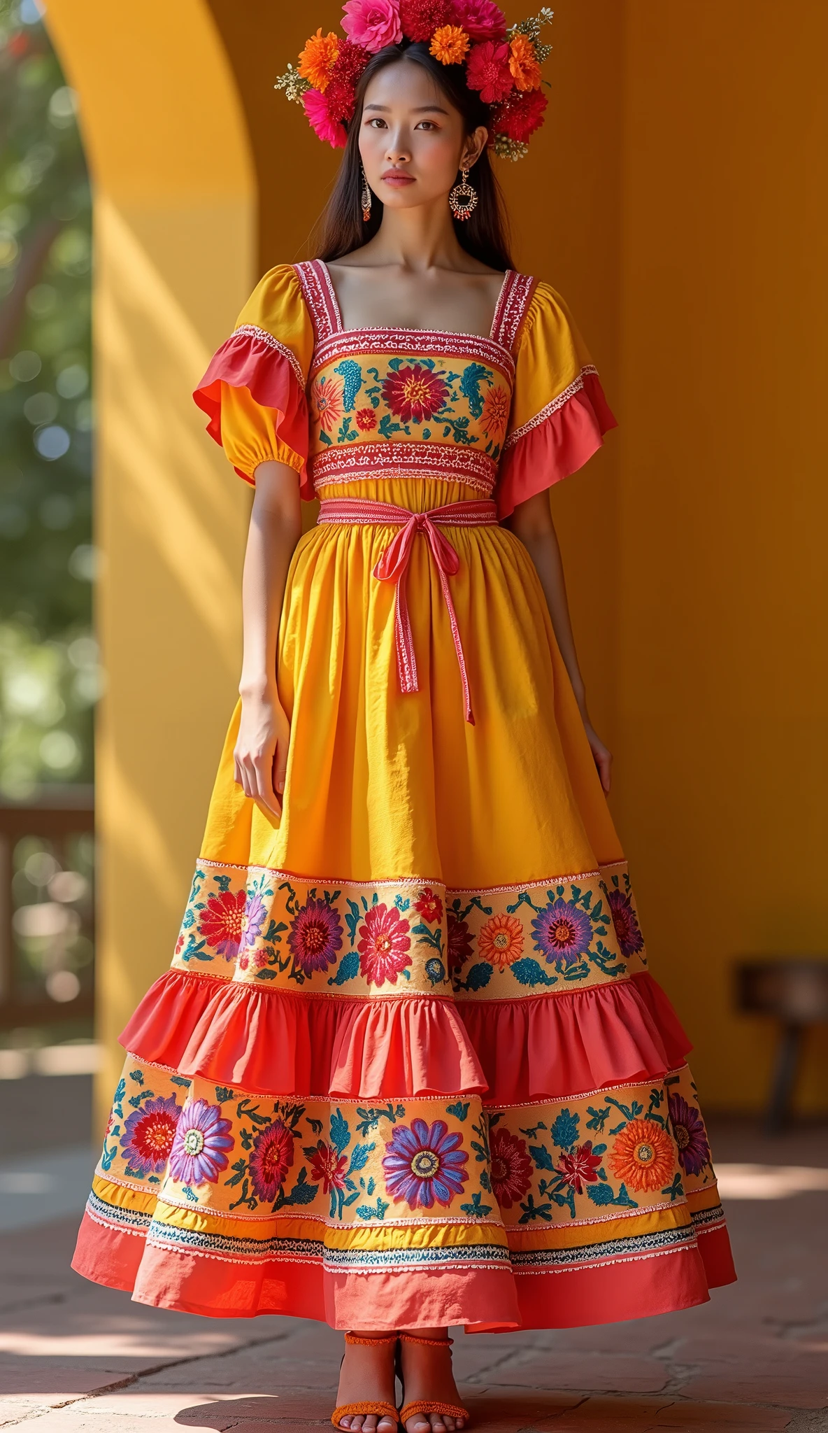 (Vivid tradition-inspired dress, drawing from Mexican festival influences, featuring a color palette of mustard yellow and coral:1.2),
(dress has a fitted bodice with a square neckline, adorned with vibrant floral patchwork embroidery in shades of red, blue, and green, sleeves are short and puffed, adding a playful touch),
(skirt is knee-length, with a full, A-line silhouette crafted from lightweight cotton, and features layers of colorful ruffles and embroidered panels that celebrate traditional Mexican artistry:1.2),
(Accessories include a bright woven belt and a floral headpiece, completing the festive look),
