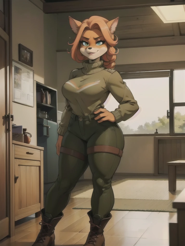 (best quality,4k,8k,highres,masterpiece:1.2),ultra-detailed,realistic:1.37,portrait, sancy anthro bandicoot girl redhead, braided hair, beautiful green eyes,  sexy ,seductive, warm sweater, beanie-balaclava, camouflage pants, army boots, smirking, cozy lighting, vibrant colors ,girl anthro , sweater, beanie-balaclava, camouflage pants, army boots, hants to pants zip up