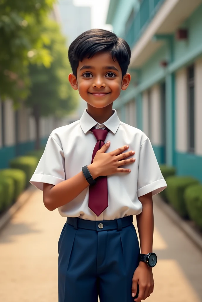 An full body from head to toe tamil origin boy school pupil in Malaysia primary school uniform with white shirt and blue long pants and a maroon necktieplacing right hand on left chest as a symbol of respect have wristwatch left hand on the side smiling face with school boy haircut
