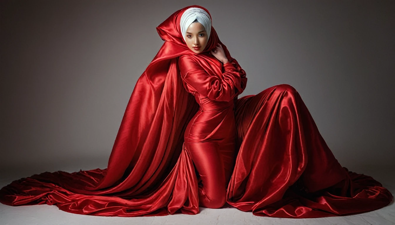A woman shrouded in a 10-meter-long, plush red satin cloth, ballon sleeves,tight clothing from the waist to the thighs, tightly bound and grandly draping along the form of her body, flowing off into a pooled floor-length train, styled in a mermaid-inspired outfit, her head modestly veiled in a satin hijab, 185 height woman, walk in photo studio, a full-body pose conveying a sense of elegance, captured in a 4k resolution, ultra-realistic