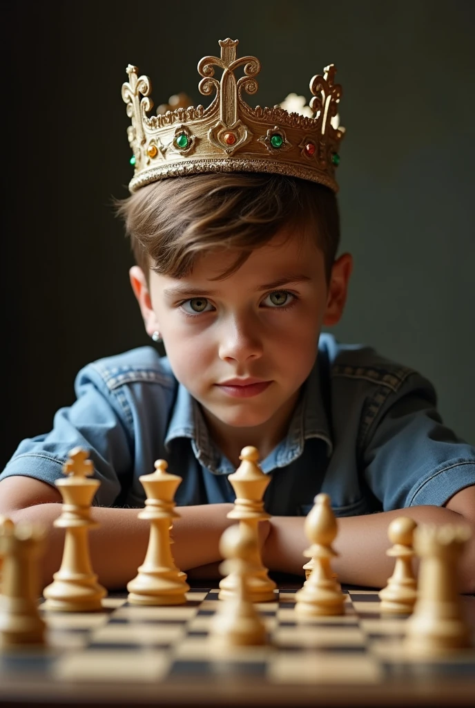 Boy motivational and decipline in chess with crown in his head
