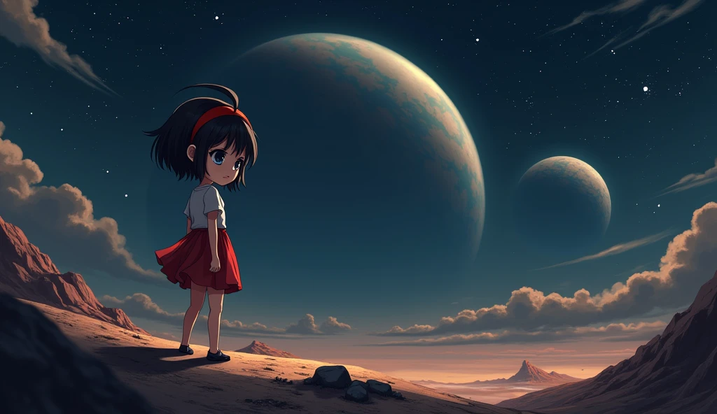 Mii girl on a deserted planet on deep space, you can see two more planets with rings, not chibi, thin tall body, black hair, short hair, ahoge, blue eyes, a red strap on hair, a red foot tattoo on her right cheek, Mii wears a skirt, In the style of Makoto Shinkai。master piece, ultra detail, precision, ultra-realistic, anime art,