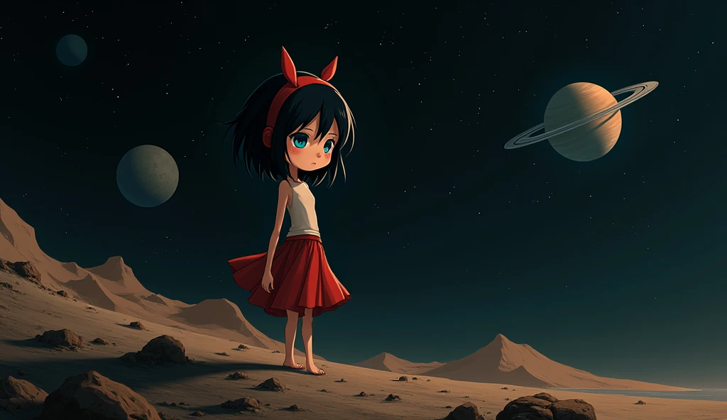 Mii girl on a deserted planet on deep space, you can see two more planets with rings, not chibi, thin tall body, black hair, short hair, ahoge, blue eyes, a red strap on hair, a red foot tattoo on her right cheek, Mii wears a skirt, In the style of Makoto Shinkai。master piece, ultra detail, precision, ultra-realistic, anime art,