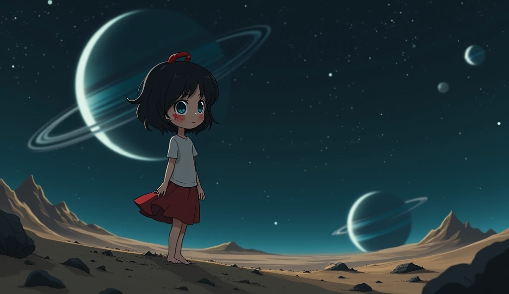 Mii girl on a deserted planet on deep space, you can see two more planets with rings, not chibi, thin tall body,  black hair, short hair, ahoge, blue eyes, a red strap on hair, a red foot tattoo on her right cheek, Mii wears a skirt,  In the style of Makoto Shinkai。master piece, ultra detail, precision, ultra-realistic, anime art,
