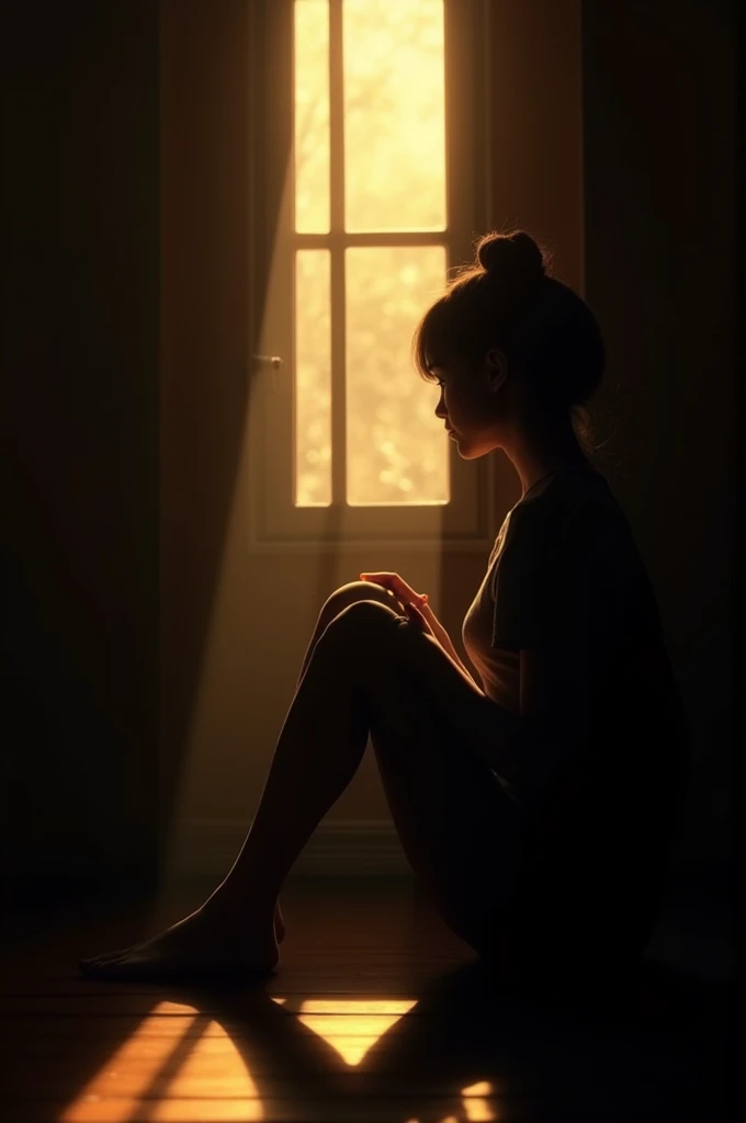 Make a pfp for me with some messages where a girl is sitting near the window from where the sun light is coning. It shud be her shadow only and the room is dark