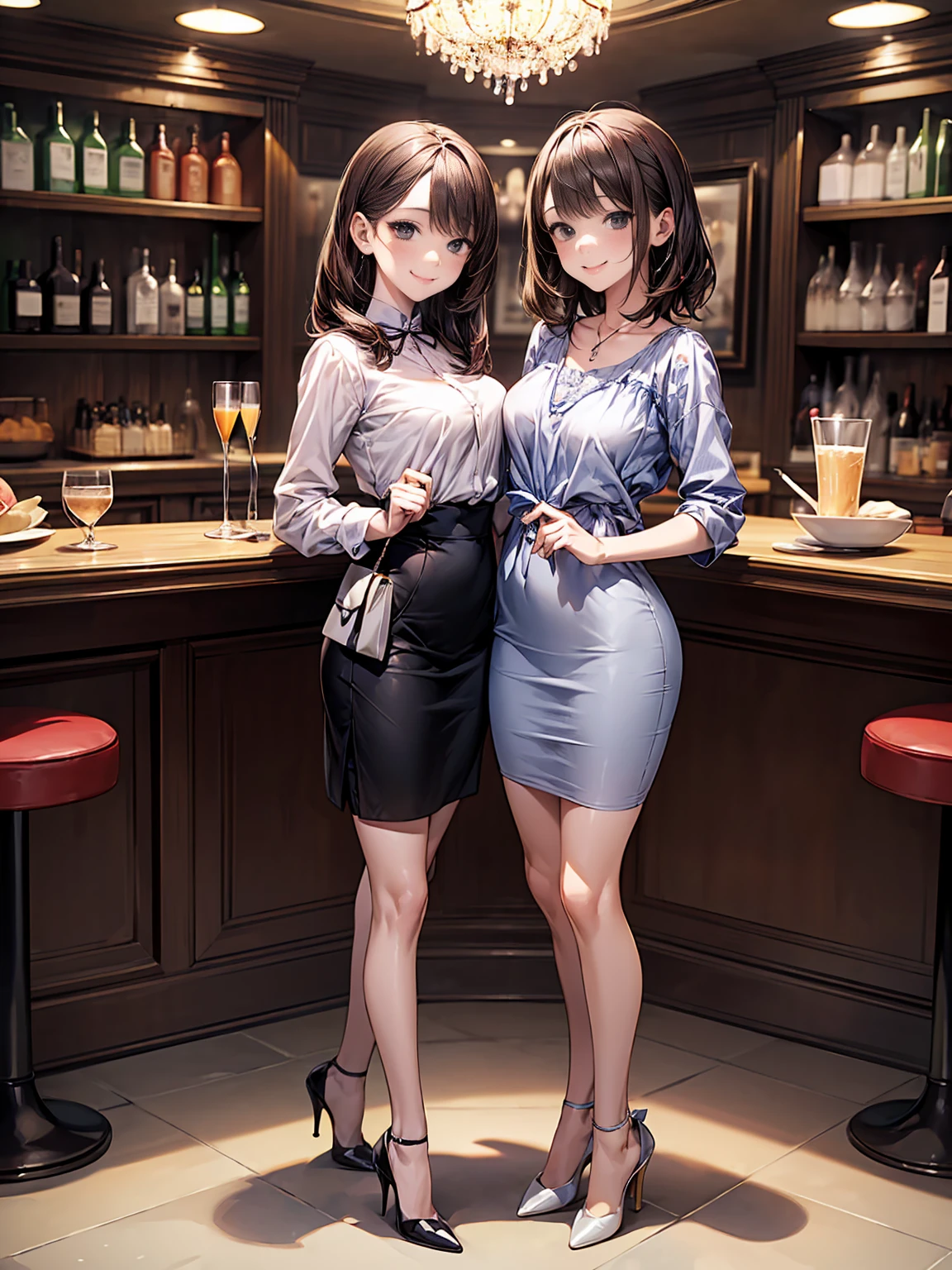 (masterpiece:1.3),(best quality, highest quality),((Full Body Shot,Including face)),girls,4K,masterpiece,((Focus on the face)),((Symmetrical facial features)),Beautiful woman,(slender),((High heels)),Detailed depiction of the face, Cafe ,bar,Casual wear,skirt,Age 25,(smile),kawaii, (illustration:1.3),Focus on the face