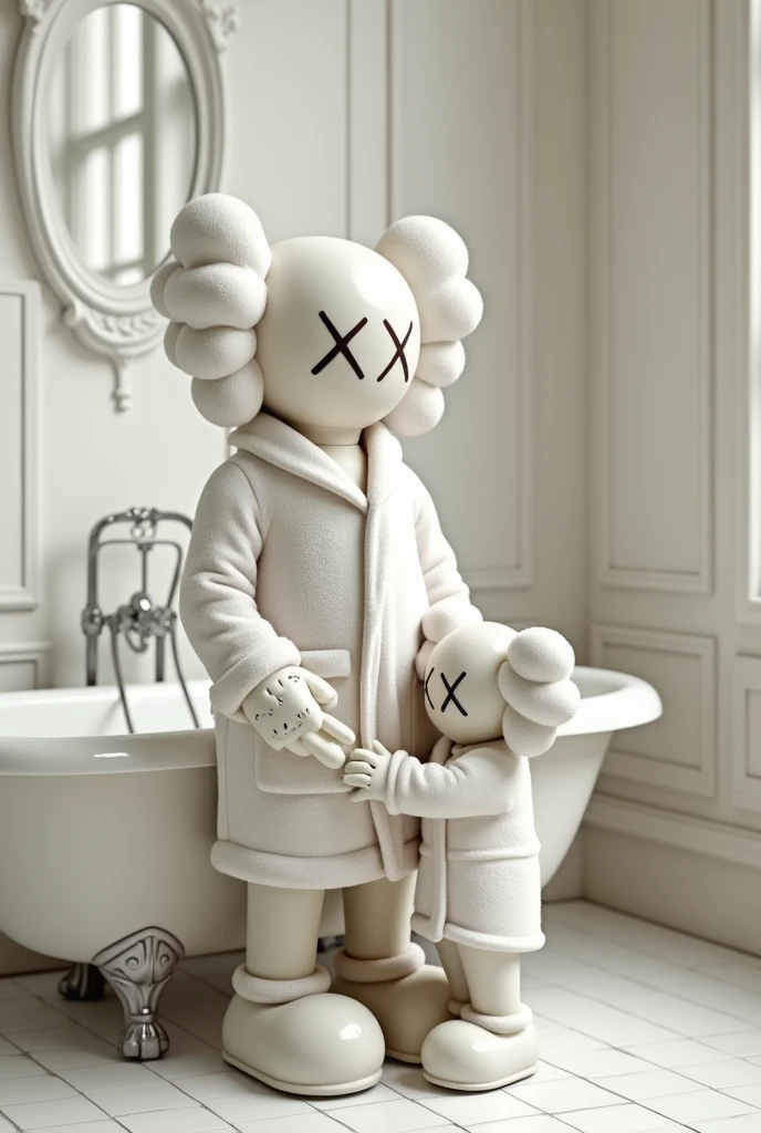Create a white kaws in white bathrob have kaws baby in bathroom near the bathtub the kaws wearing the bathrob to his ???