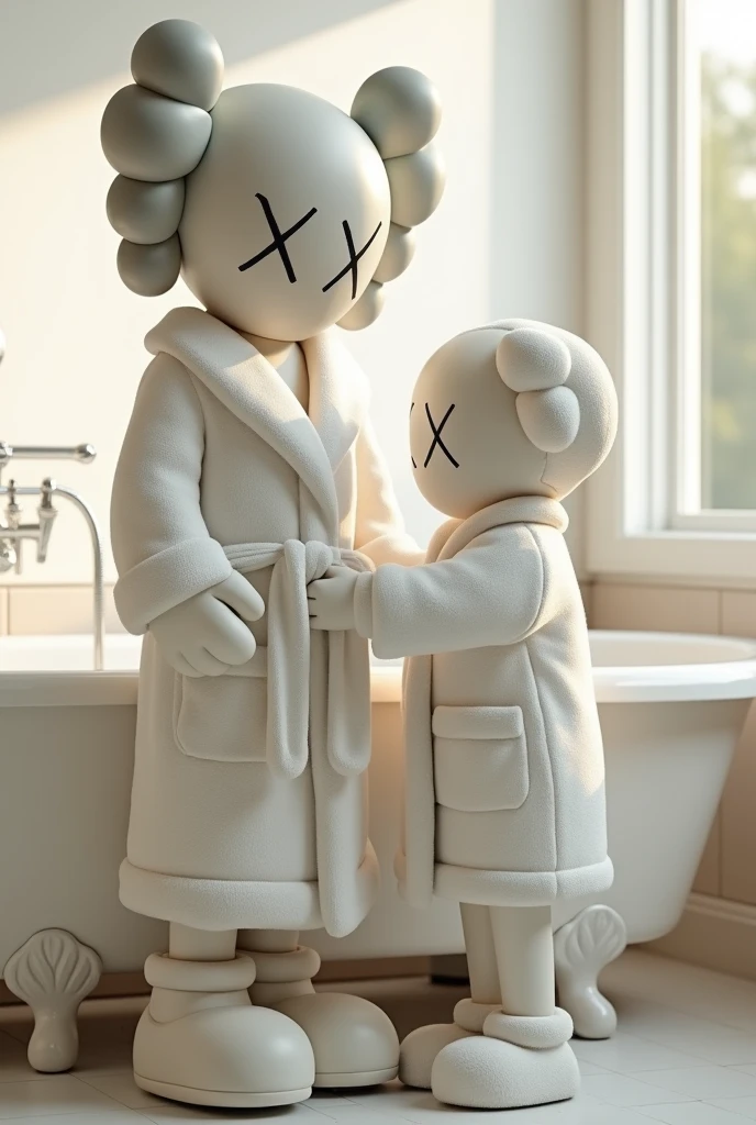 Create a white kaws in white bathrob have kaws baby in bathroom near the bathtub the kaws wearing the bathrob to his ???