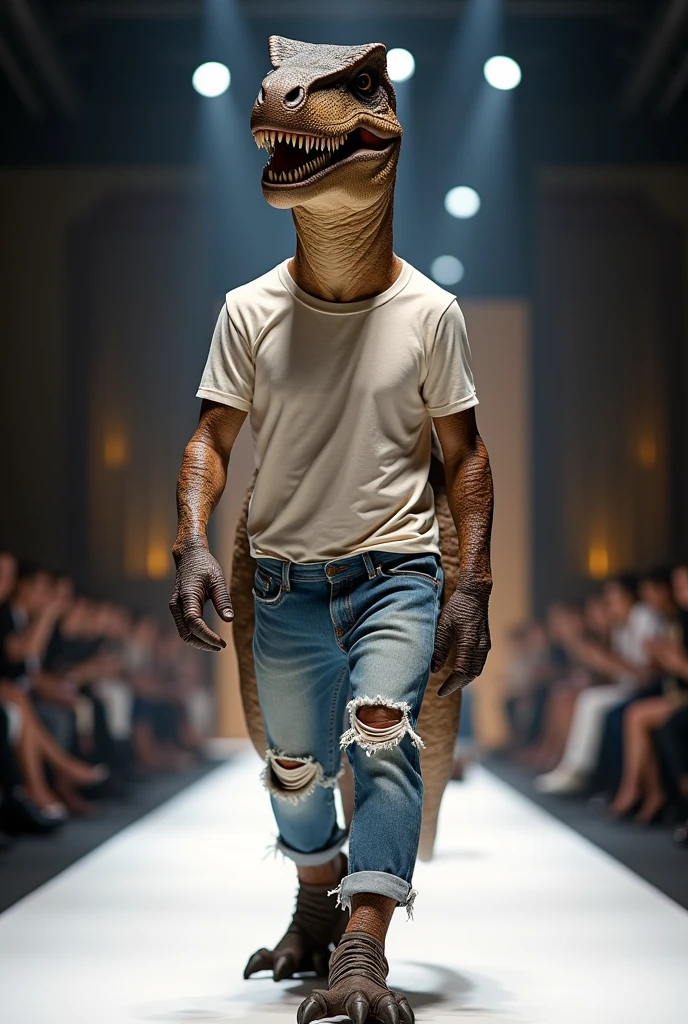 Dinosaur wearing a T-shirt and jeans set from Zara in a fashion show. Full body photo, real as in real life.