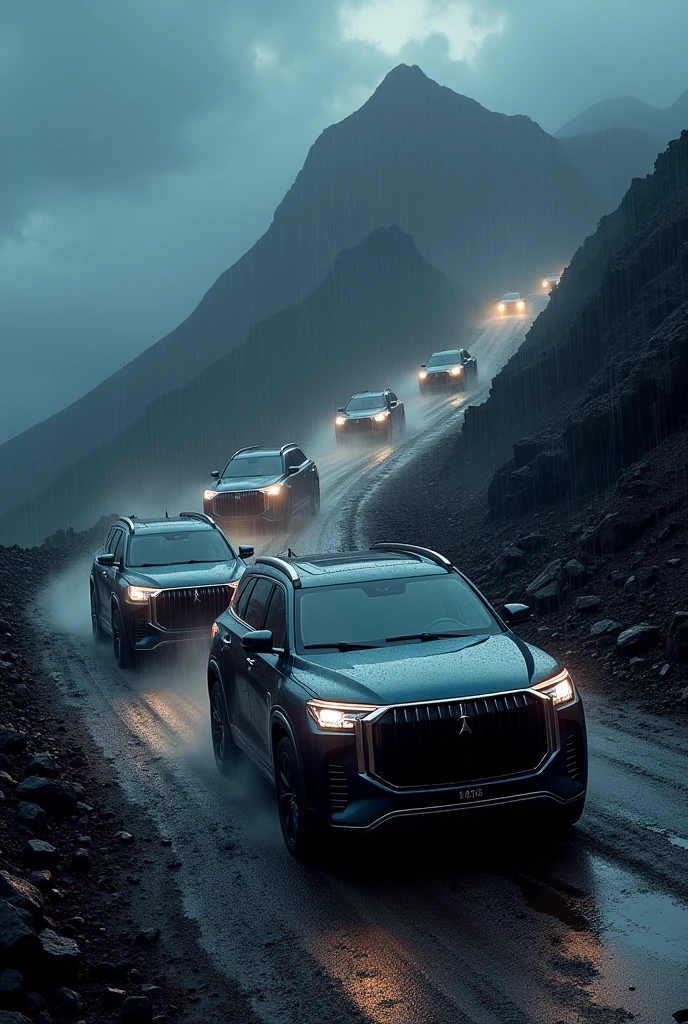 alL luxury suv cars climbing a very touf volcano
. mountain to havy rainfaal in nigth in very