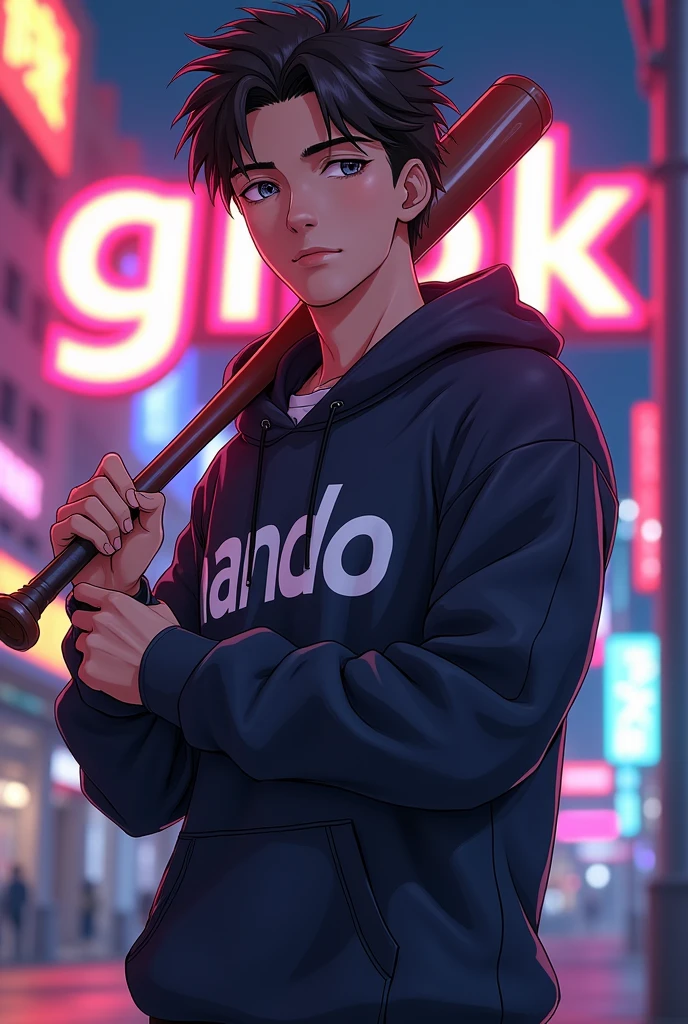 Create a character cute anime, {{background: large text “GLBK”, night city}}, tanned skin,
realistic, HDR, handsome, japan style, full body, use stick baseball, age 20, hoodie HD text: “NANDO”