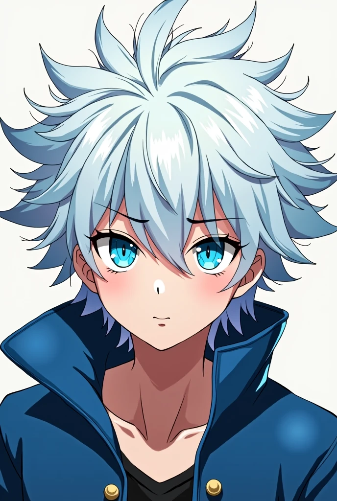 style kimetsu no yaiba, 1boy, cheveux blancs courts, Une coiffure peu avec des mèches dans toutes les directions, yeux d'A stunning bleu ciel brillant, A stunningiforme de tueur de démons, solo, animated coloring, ((portraits d'A stunning)), ((head of'artwork)), (((high quality)))