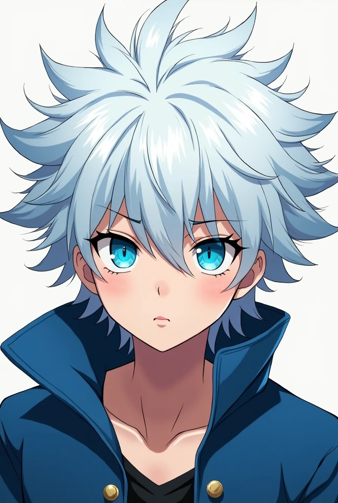 style kimetsu no yaiba, 1boy, cheveux blancs courts, Une coiffure peu avec des mèches dans toutes les directions, yeux d'A stunning bleu ciel brillant, A stunningiforme de tueur de démons, solo, animated coloring, ((portraits d'A stunning)), ((head of'artwork)), (((high quality)))