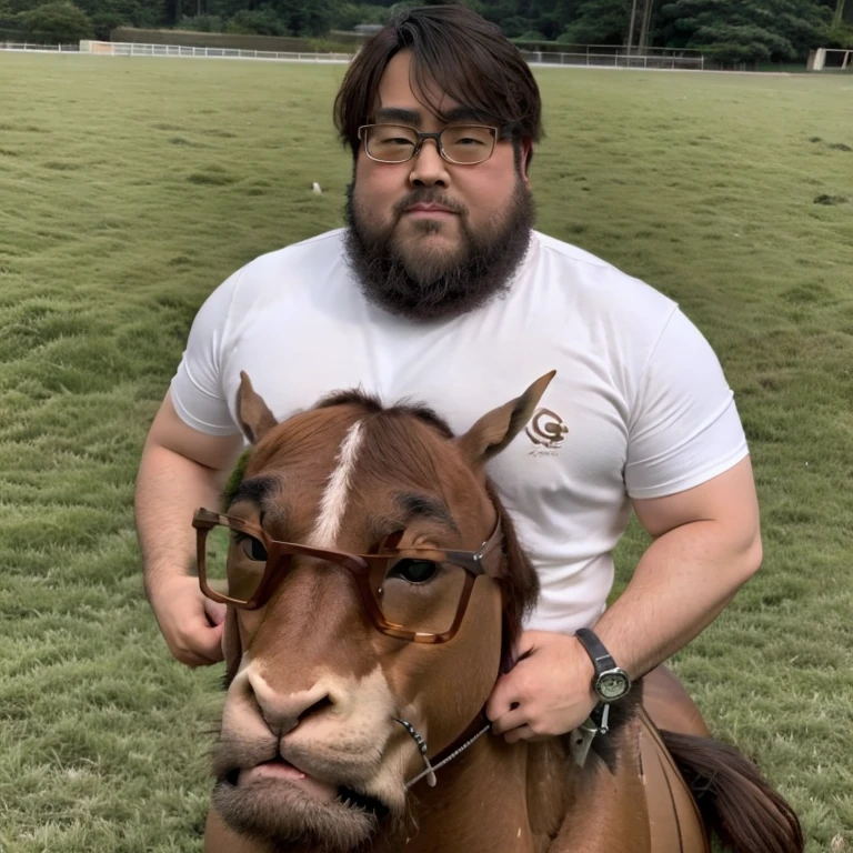 ((centaur)), yossan, One person, (male), Glasses、beard、obesity、shirt, field