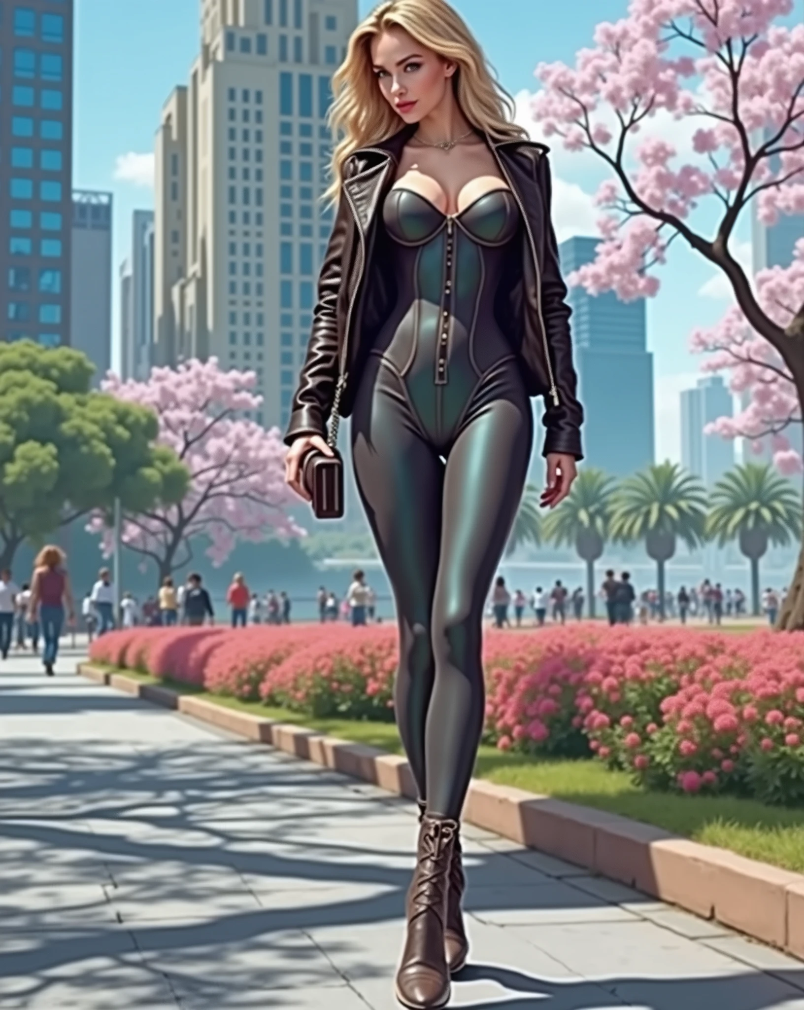 masterpiece, High Definition An attractive blonde woman wearing a lycra catsuit with corset, leather jacket and a bag, Walking through a park in a beautiful city of Buenos Aires, during a spring afternoon.