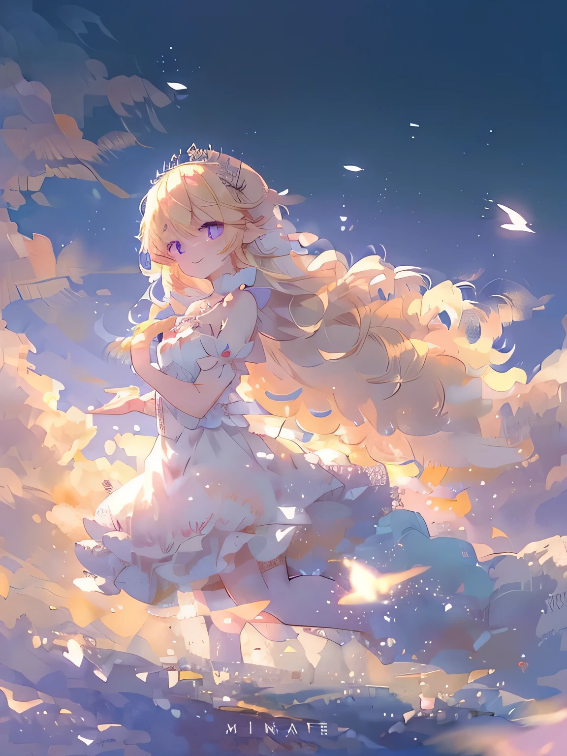 (best quality, masterpiece, Very detailed, Very detailed, Beautifully, 16K,Full HD),A little closer,Soft lines,Thin Line,watercolor,Golden Ratio,Dramatic Lighting,Pastel colors,Looks happy,Flying in the sky,Soft lighting, ((Solitary:1.5)),Blue sky,rainbow,White Cloud,Fluffy clouds,Above the clouds,((head shot)),The magic of rainbow,(Fairy tale princess, Purple Eyes, Long eyelashes,White skin,Slim,Light pink plump lips,Pale pink cheeks, The wind is blowing,bionde,Slender,(High and pointed nose,Small nose),(Giant fairy wings:1.2,Flap your wings),Diamond Tiara,Diamond Earrings,Diamond Earrings,Diamond necklace,(WHITE BALLGOWN:1.1), Pure white lace and ruffles,(Smile:1.2), (fantasy, Romantic atmosphere), Magic lights,