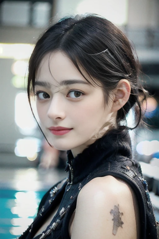 a Close-up portrait of gorgeous smiling cute Japanese woman in a glamorous Fishnet dress outfit, delicate facial features, porcelain-skinned, ponytail, a fusion of young Marion Cotillard's striking eyes and young Anne Hathaway's introspective gaze, long and slender cute face, curved eyebrows, droopy hooded eyes, lower nasal bridge, slim wavy nose, smiling, thin lips, short pixie cut hair, silhouette, bokeh, skylight atrium pool background, depth of field, photo, film,