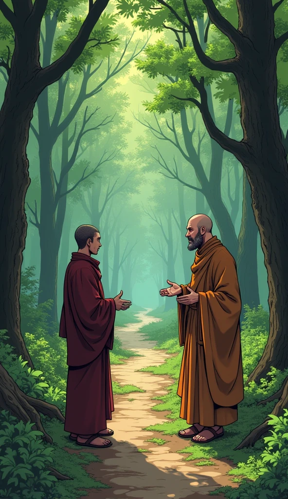 Scene: The monk turns to the disciple, his expression wise and understanding, with the forest path continuing ahead.
Character Description: The monk, embodying serenity, responds calmly to the adult disciple's concerns. In comic style