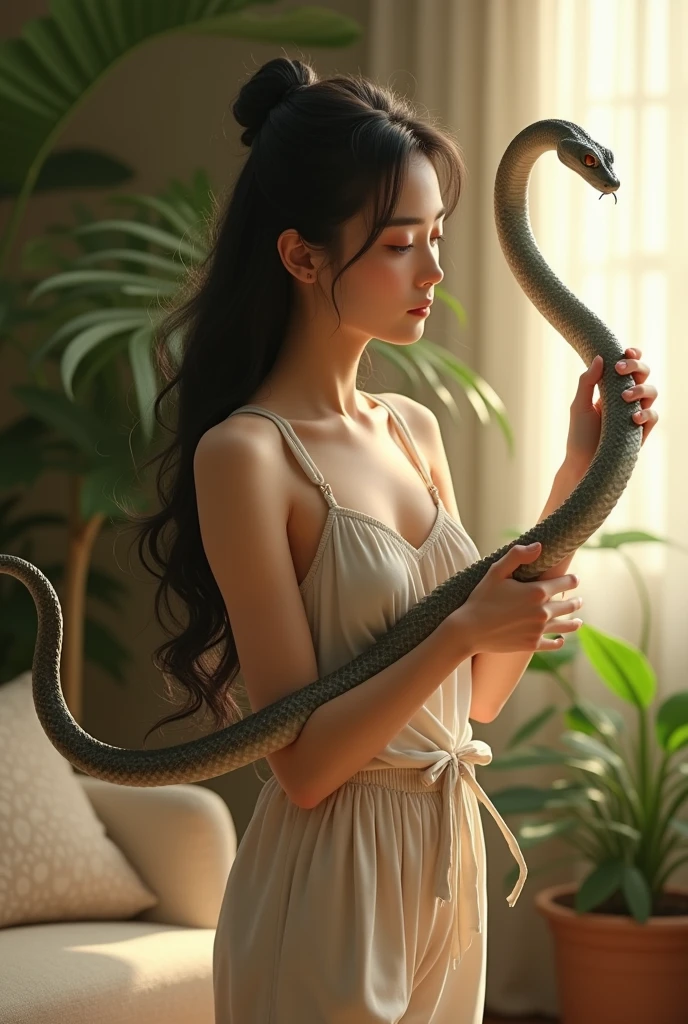 (Photorealism: 1.2), a nice and beautiful Chinese woman dancing with a snake, wearing a loose suspender top, pajama pants, long black hair, long legs, fair skin, indoors, soft lighting, plants in the background, sunlight through the window, cozy room, relaxed pose, realistic, intricate details, warm colors,