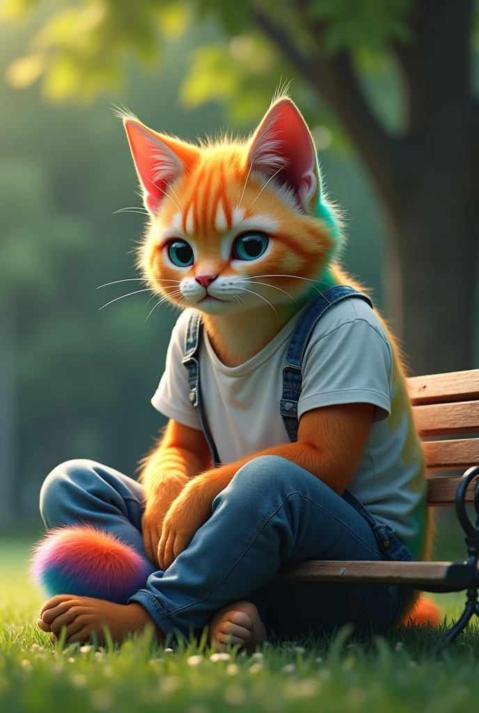 "A muscular cat with rainbow-colored fur, wearing a white and blue jeans T-shirt, is sitting on his knees in a park. His face shows a look of sadness. The scene includes a park bench in front of him, with grass surrounding the area on all sides, creating a somber and reflective atmosphere."