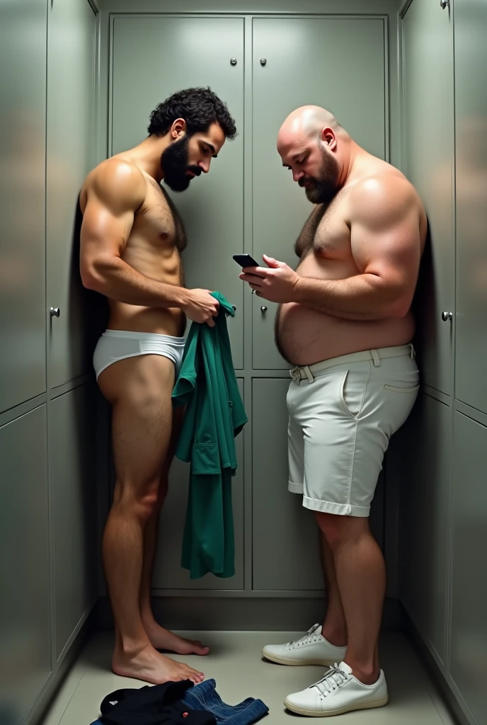 A handsome, hairy, bearded, spotted Persian man in white underwear with a pair of green surgical center pants in his hand, open closet, small changing room, next to a very fat bald man standing looking at his cell phone without a shirt wearing white pants and white shoes. Surrounded by gray cabinets. Black shirt and blue jeans on the floor.