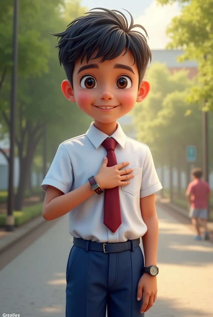 An full body from head to toe tamil origin boy in Malaysia primary school uniform with white shirt and blue long pants and a maroon necktieplacing right hand on left chest as a symbol of respect have wristwatch left hand on the side smiling face with school boy haircut