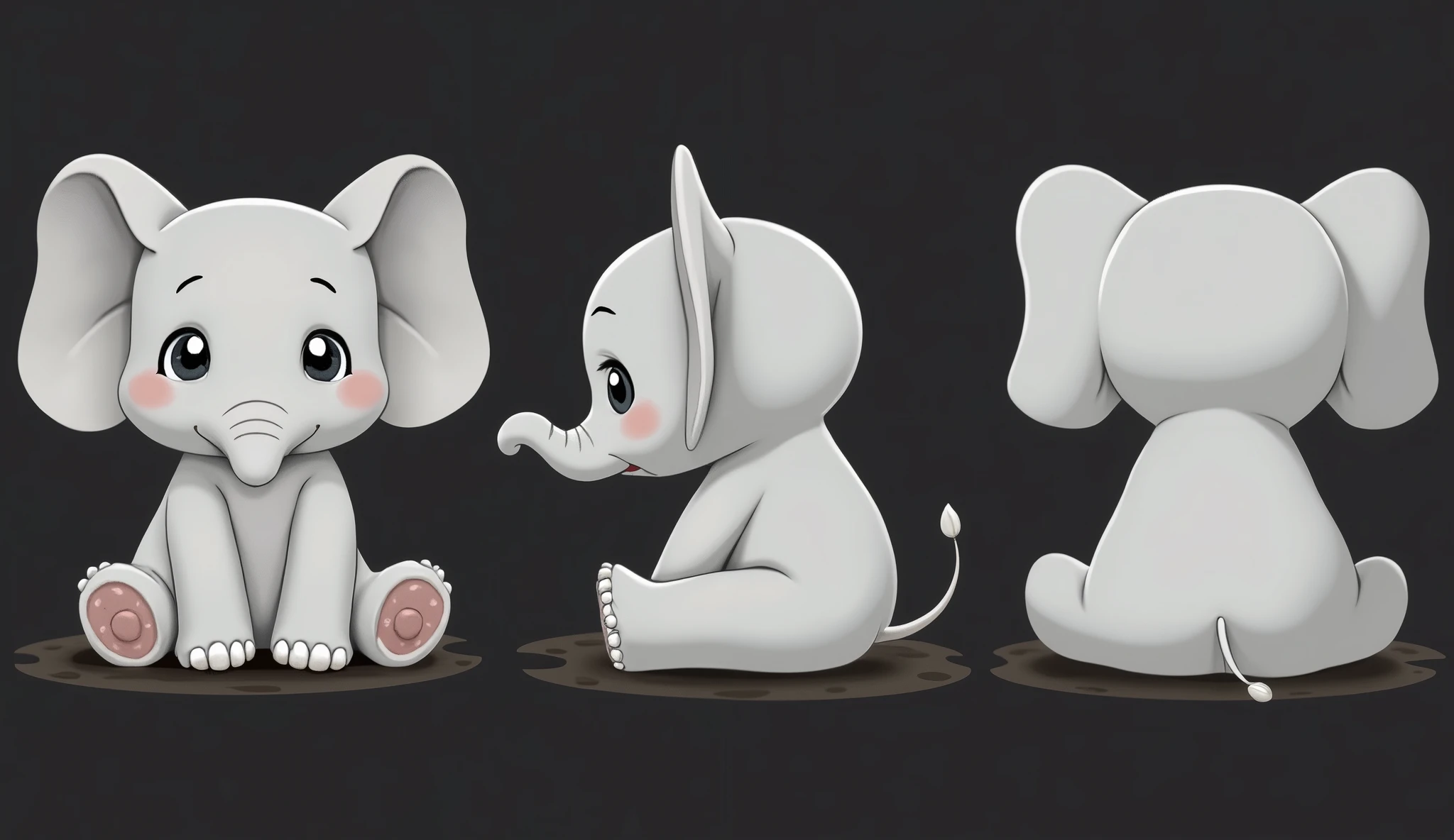 [Full body front view and side view] Cute cartoon elephant, sitting on the ground, cocked trunk, smiling character in three views, including illustration style IP image, three views, front view, side view, rear view attempt. Characters are sitting and facing the camera. 