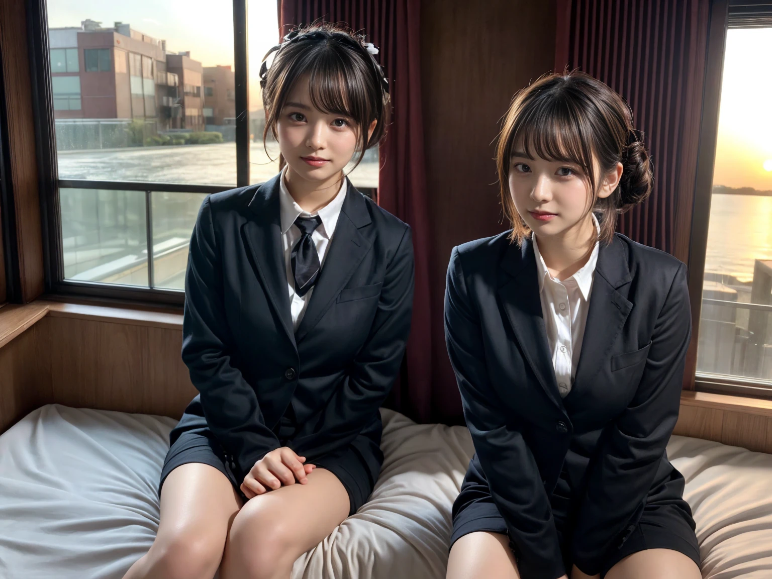 masterpiece, best quality, illustration, Super detailed, fine details, High resolution, 8K,wall paper, perfect dynamic composition,(Details High quality, realistic depiction of eyes:1.3), (2 girls), short hair, Office Lady, ,Suit,Collared shirt, Black Suit,Black jacket, updo, huge breasts, black hair color, Big Natural Color Lip, bold sexy pose, crying a little、Harajuku style、20 year old girl、cute type、lolita、beautiful legs, hotel room, full body photo、focus on crotch, hposing Gravure Idol, Sexy shot looking at camera, Sunset, by the window, Summer, make up, Curve
