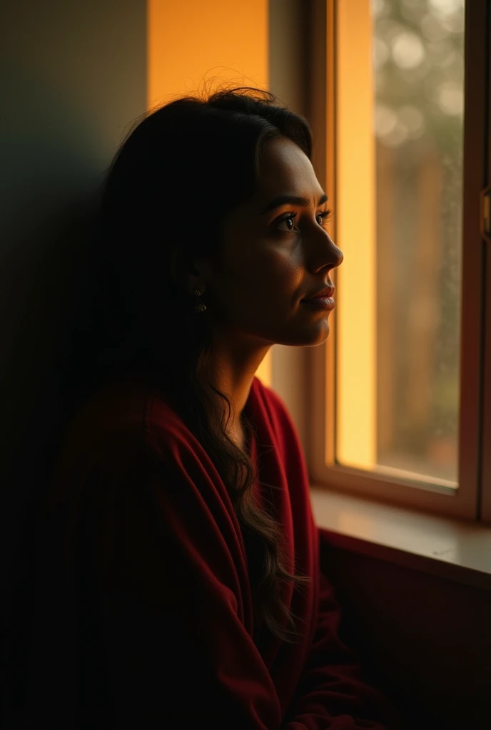 Make a pfp for me with some messages where a girl is sitting near the window from where the sun light is coning. It shud be her shadow only and the room is dark, indian girl not chinies