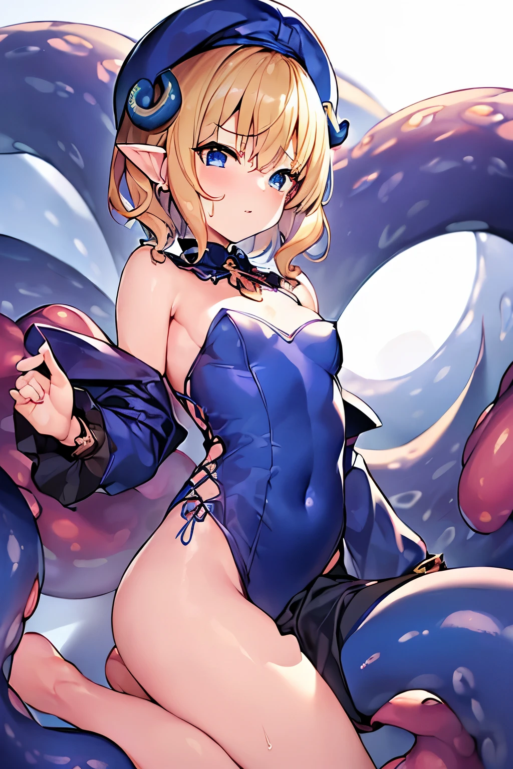 (4K、masterpiece、Highest quality、high resolution、Detailed light、Detailed Shadows、Detailed Design)、1 girl、Blonde、Short hair that is not too long、Fluffy curly hair、Blue and black clothes、beret、(Aggressive design)、((Modest chest、Small breasts))、Lace design leotard、barefoot、Shameless、Redness、Lust、Estrus、((Clothes get torn、Monster with tentacles、Tentacle torture、Sex、Tentacles bind limbs))、((sexual excitement、Sexポーズ、To be made to cum))、Glowing Skin、Overlooking