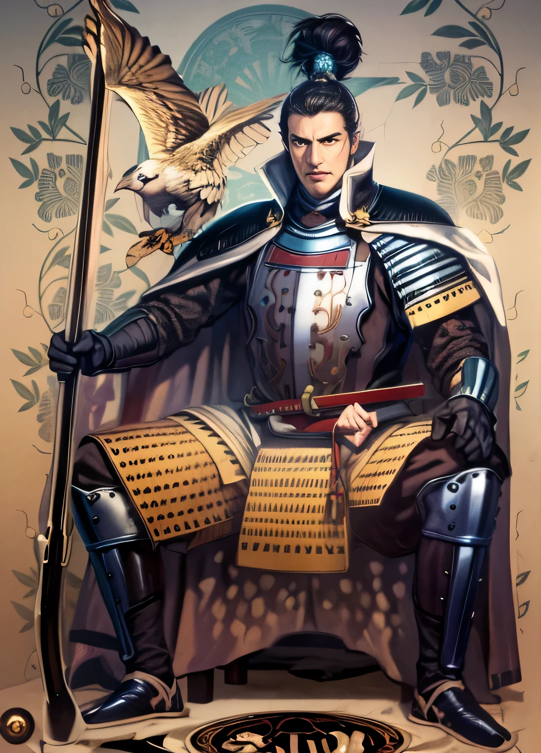 a powerful feudal lord dressed in elaborate samurai armor, holding a falcon on his shoulder, sitting in a chair with legs spread, gripping a rifle with his right hand, glaring intensely at the viewer, highly detailed, realistic, digital art, cinematic lighting, dramatic composition, muted color palette