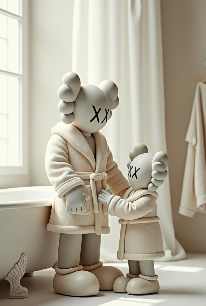 Create a white kaws in white bathrob have kaws baby in bathroom near the bathtub the kaws wearing the bathrob to his kid