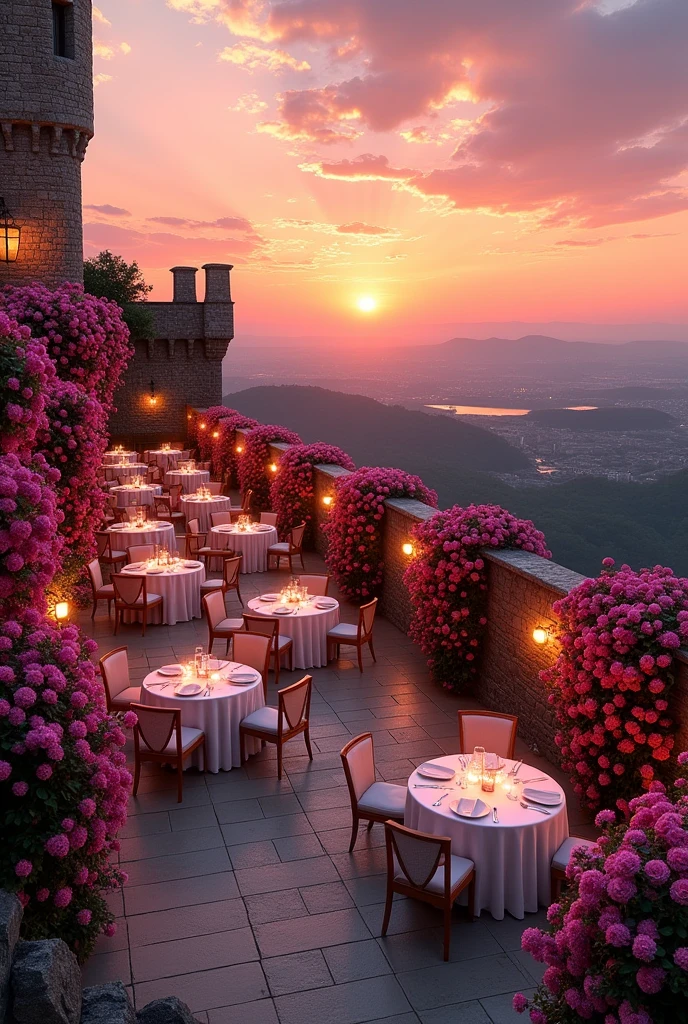 Draw me a very beautiful restaurant that is located on the roof of an ancient stone castle., white big tables and big huge lush walls of pink roses around the tables that separate them And in the background is an insanely beautiful sunset. in a realistic style