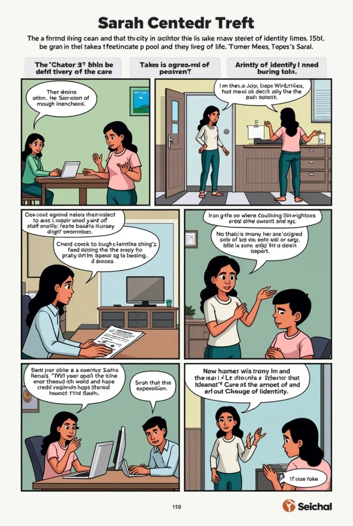 .### Comic Strip: Sarah's Identity Theft Rescue
**Panel 1:**
*Sarah is checking her mail at her home in General Santos City. She finds a bill for a credit card she didn’t apply for. She looks confused and worried.*
**Sarah (thinking):** “I don’t remember applying for this card…”
**Panel 2:**
*Sarah is now sitting at her desk, looking stressed as she reviews her credit report online. The report shows multiple accounts opened in her name with high balances.*
**Sarah (thinking):** “This isn’t right. My credit score has dropped drastically!”
**Panel 3:**
*Sarah receives a call from a debt collector. She looks alarmed as she listens to the caller.*
**Debt Collector:** “You owe $5,000 on this credit card.”
**Sarah:** “I didn’t open any of these accounts!”
**Panel 4:**
*Sarah is at her computer, researching identity theft protection. She’s on a reputable website about safeguarding personal information.*
**Sarah (thinking):** “I need to report this immediately and get help. Also, I should protect myself from future attacks.”
**Panel 5:**
*Sarah contacts her bank and credit bureaus, filing a fraud report and placing a fraud alert on her credit report.*
**Sarah (talking to a bank representative):** “I need to report identity theft and protect my credit.”
**Bank Representative:** “We’ll help you with that and guide you through the process.”
**Panel 6:**
*Sarah sets up credit monitoring services and freezes her credit. She’s shown updating her passwords on her computer, using a password manager.*
**Sarah (thinking):** “Credit monitoring and strong, unique passwords are crucial. I’ll also set up multi-factor authentication.”
**Panel 7:**
*Sarah is back home, looking relieved as she gets a letter confirming her credit freeze and fraud alert. Her computer screen shows a message confirming her password update.*
**Sarah (thinking):** “Staying vigilant and securing my accounts is the best way to prevent future issues.”
**Caption:** “Report fraud, monitor your credit,