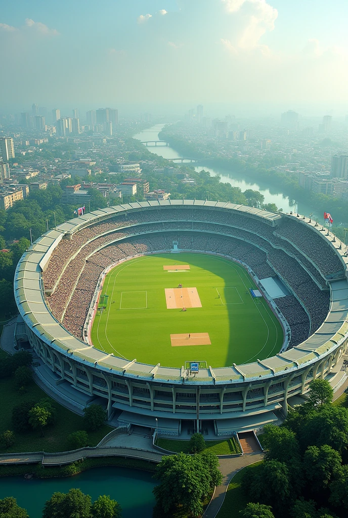 A cricket Stadium in Barisal , Bangladesh.
With 30000 capacity. 
Cheap gallery
Near river 