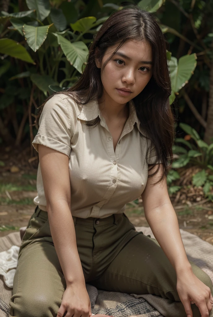 1girl, beautiful detailed asian girl, young, vietcong, military, communist, southeast asia, vietnam, thick detailed thighs, busty chest, closed shirt, collared shirt, rolled sleeves, oversized full old cloth shirt, old loose flared wool pants, sweaty clothes, loose clothes, buttoned clothes, dirty clothes, uniform, paddy field, jungle, impoverished, messy thick luscious hair, ellie hairstyle, detailed face, penetrating eyes, beautiful detailed lips, extremely detailed skin, detailed clothing, (best quality,4k,8k,highres,masterpiece:1.2),ultra-detailed,(realistic,photorealistic,photo-realistic:1.37), natural lighting, warm color tones, cinematic composition, thicc, natural, natural lashes, no makeup, glistening sweat, makeshift bed