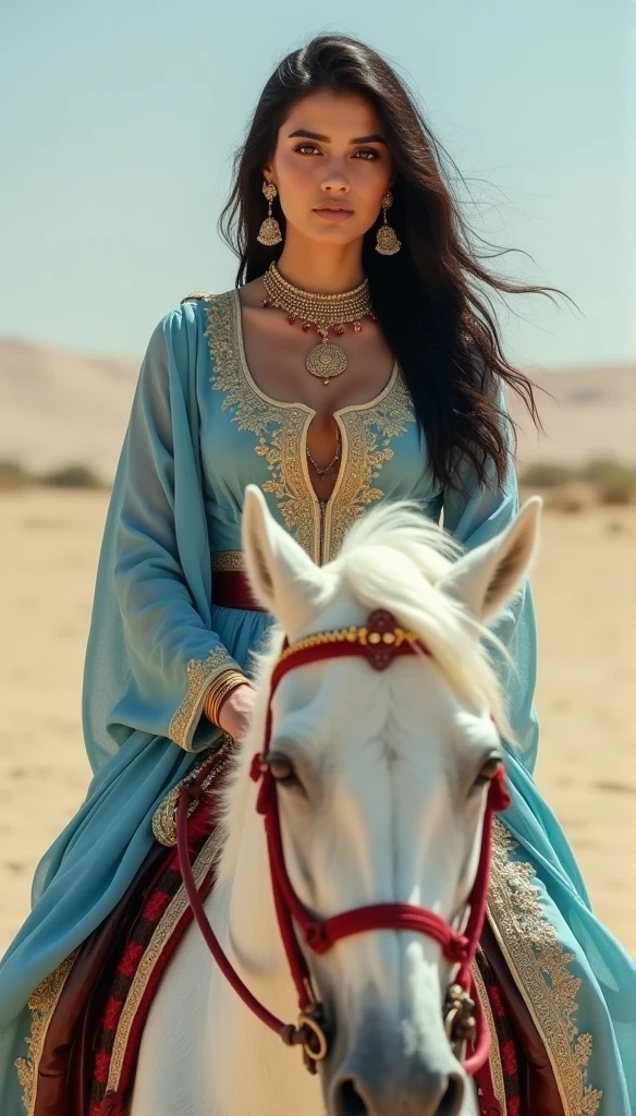 motion blur, side vie, Woman ride White horse, harness, red bridle, hand hold red reins , red saddle, stirrup , running sand ride White horse,Front view , exotic Persian girl is 20 years old, (Black hair ,long hair, Brown eye, Her eyes were outlined with kohl:1.3) , little Lips, serious, head band jewel), (big breasts, wide hip), (She wore a knee-length light blue gorgeous design gown adorned with intricate embroidery, complemented by gold bangles and necklaces. A second, longer shawl covered her head and shoulders, framing her face like a white see-through veil), ((Surrealism, Verism, UHD, retina, masterpiece, anatomically correct, accurate, textured skin, super detail, high details, high quality, best quality, highres, 8k))