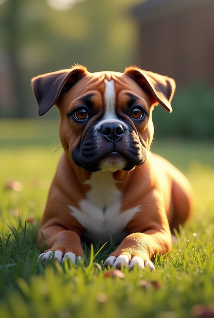 Créez des photos réalistes d'un Staffordshire Bull Terrier nommé Yogi. Le chien a une silhouette musclée et compacte, avec une large poitrine et une tête bien définie. Son pelage est court, lisse et brillant, de couleur fauve, apparaissant doré-brun sous la lumière du soleil. Les oreilles du chien sont semi-dressées, et son expression est alerte mais amicale, avec des yeux sombres et expressifs. Yogi est allongé sur l'herbe, détendu mais attentif, les pattes étendues. La scène générale doit refléter la nature à la fois forte et affectueuse de cette race, mettant en avant la force, la loyauté et le tempérament doux de Yogi, avec un rendu photographique réaliste.