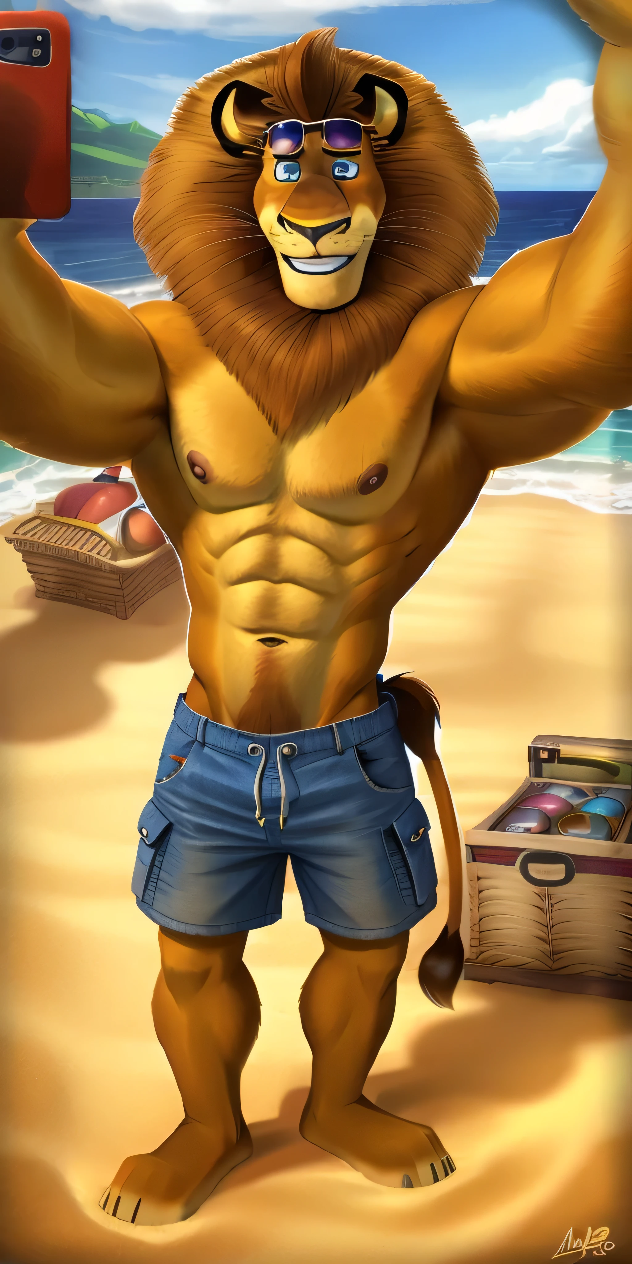 Alex the Lion, muscular body, big biceps, six pack abs, extremely beautiful and cute face, perfectly detailed blue eyes with perfectly detailed pupils, sunglasses on a forehead, shirtless, wears denim cargo shorts, bare feet, beach background, standing, selfie, gentle look, cute smile