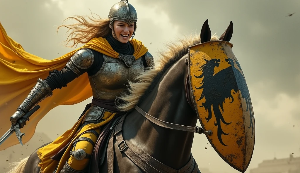 A action movie poster depicting a proud woman riding a running horse, brandishing a sabre, and carrying a ((large yellow and black shield with black dragon painted)), damaged by fighting. (medieval battered light armour & helmet, very battle-damaged, yellow and black coat of arms), steel gloves. She has white pale skin and really long blond hair. (She's angry, clenching teeth, on a lift bridge with the words "Malory" written in large golden letters in the foreground).