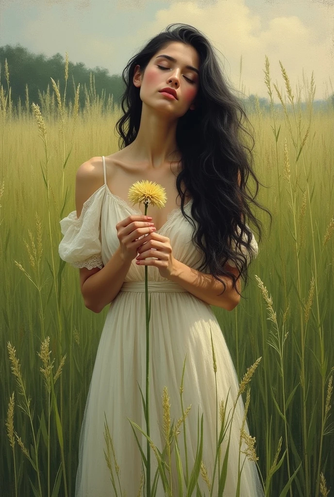 OIL PAINTING,IMPRESSIONISM,(masterpiece, best quality, ultra-detailed, best shadow),(detailed background),realistic ,(Rembrandt),1girl, solo, flower, dress, long hair, closed eyes, black hair, white dress, holding flower, field, holding, outdoors, grass, realistic, bare shoulders, 