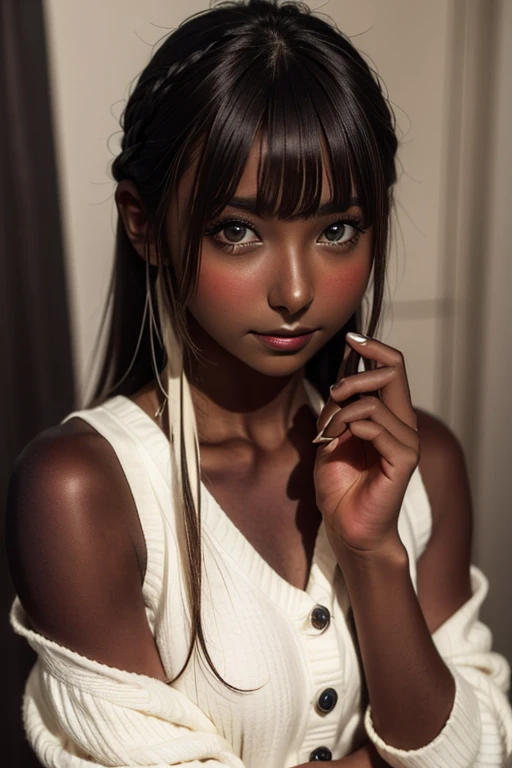 one girl, ((( incoming kiss )))、Put your hand over your mouth、Beautiful breasts、 Brown eyes, ((Gal Hairstyles)) blonde, girl, (Eye and facial details:1.0), break, (masterpiece, Highest quality, Very detailed, Detailed face, 8k),( dark skin:1.95 )