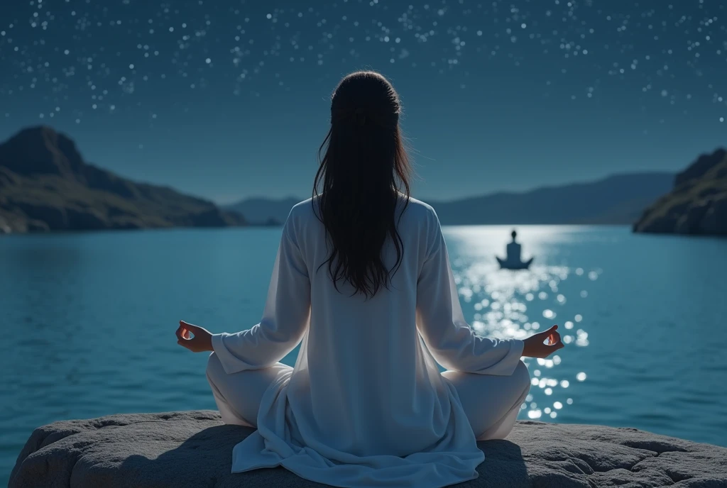 Arabian woman sitting on a rock in front of a lake at night, zen meditation, meditation pose, meditationする, meditationする pose, Float into a powerful Zen state, Spiritual Enlightenment, meditation, meditationする in lotus position, hindu stages of meditation, elven spirit meditationする in space, Calm expression, Calm emotions, yoga meditation pose, praying meditationする. [a distant body in white tunic floats on the river:1.3].