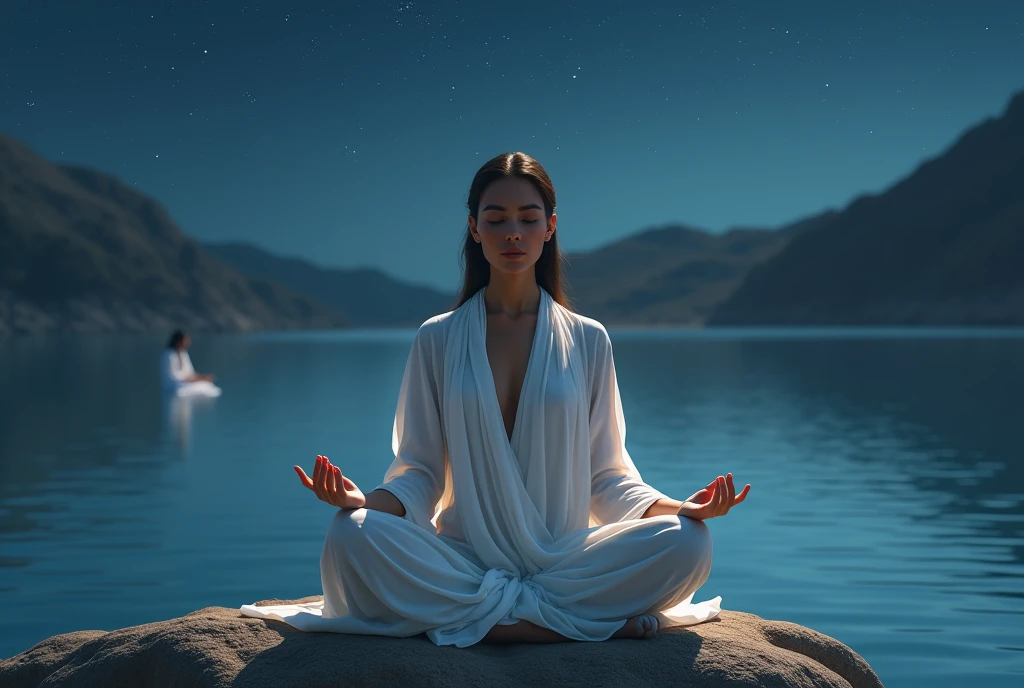 Arabian woman sitting on a rock in front of a lake at night, zen meditation, meditation pose, meditationする, meditationする pose, Float into a powerful Zen state, Spiritual Enlightenment, meditation, meditationする in lotus position, hindu stages of meditation, elven spirit meditationする in space, Calm expression, Calm emotions, yoga meditation pose, praying meditationする. [a distant body in white tunic floats on the river:1.3].