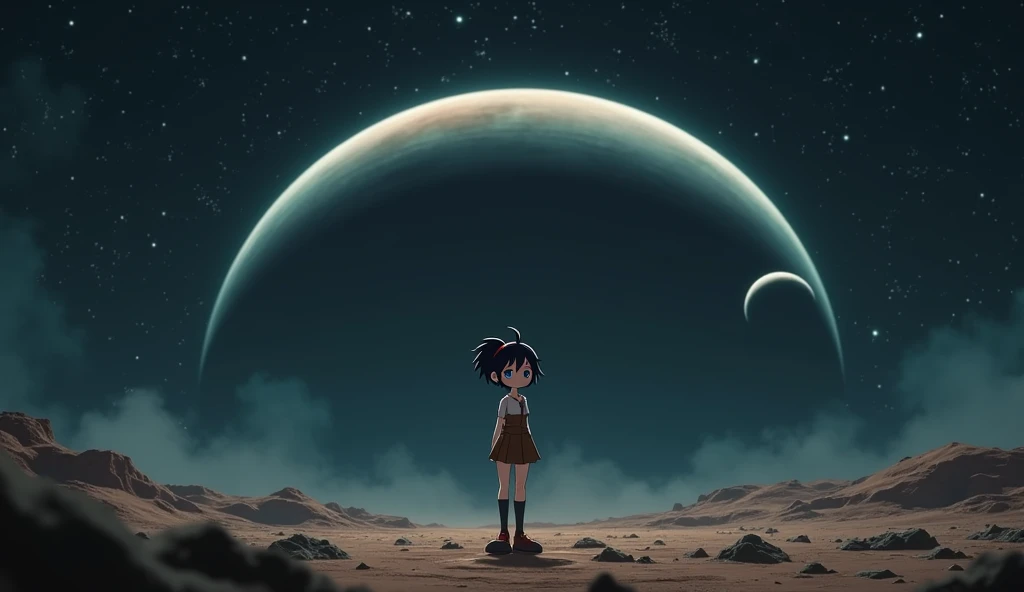 Mii girl on a deserted planet on deep space, you can see two more planets with rings, not chibi, thin tall body, black hair, short hair, ahoge, blue eyes, a red strap on hair, a red foot tattoo on her right cheek, Mii wears a brown skirt, long socks, In the style of Makoto Shinkai。master piece, ultra detail, precision, ultra-realistic, anime art,